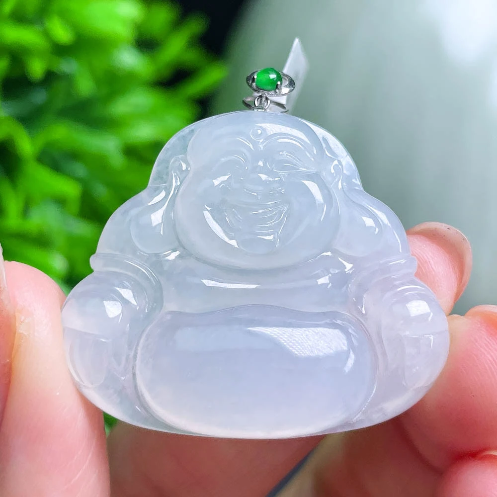 财财缅甸翡翠18K金扣天然A货翡翠冰种弥勒佛公吊坠饱满揭阳精手雕