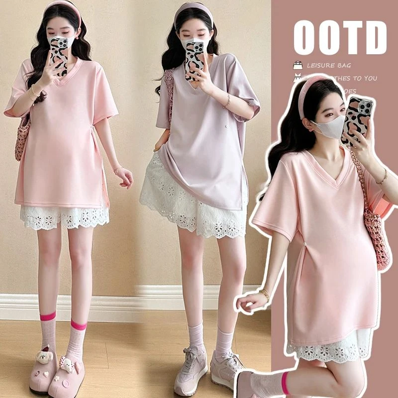 夏季新款孕妇装新款潮流减龄宽松休闲上衣蕾丝短裤孕妇两件套夏装