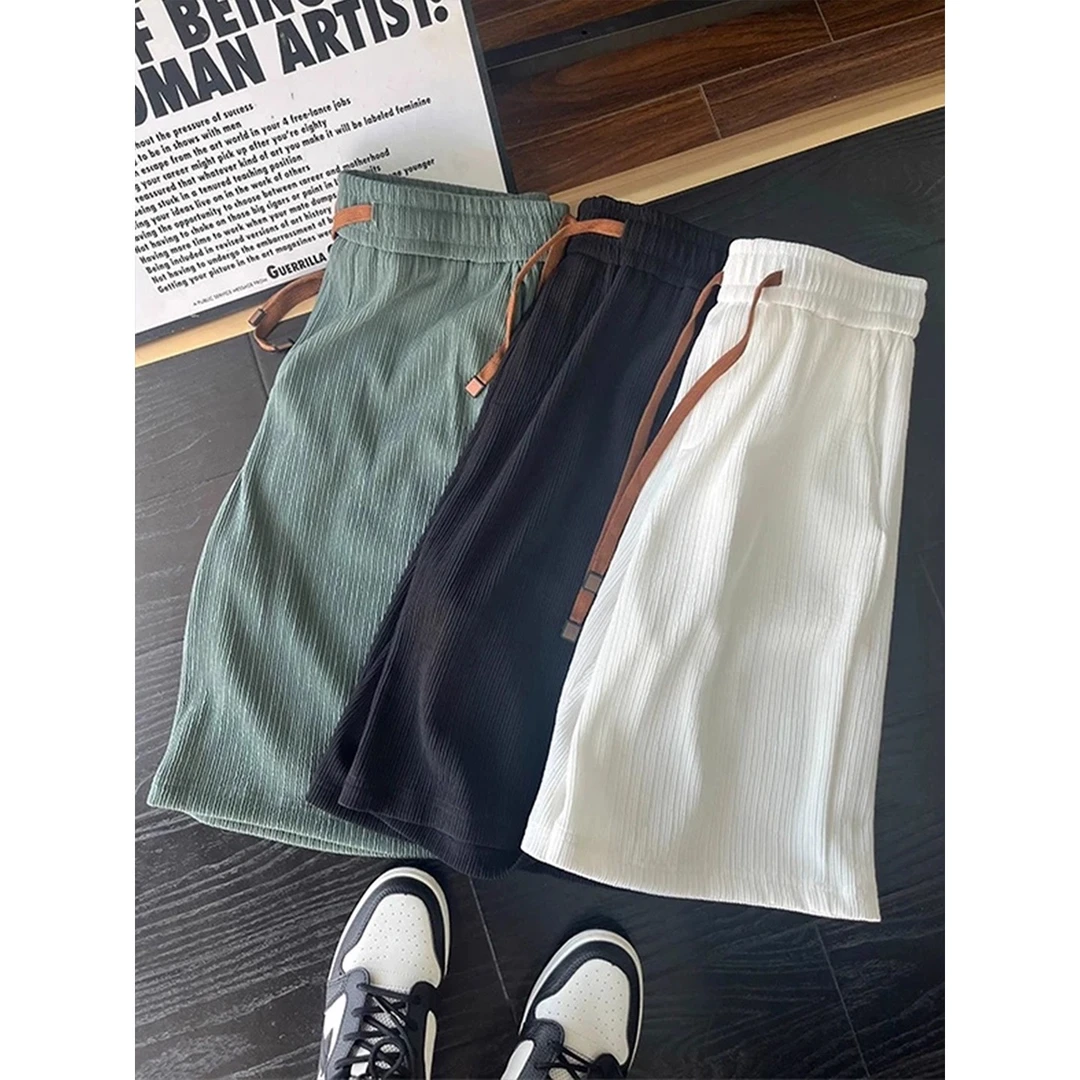 美式褶皱冰丝短裤男款夏季薄款运动速干沙滩裤子宽松休闲五分中裤