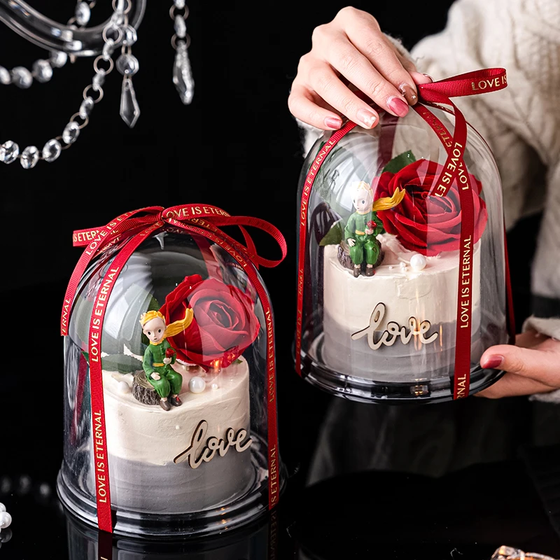 5.20情人节蛋糕装饰透明半圆蛋糕盒求婚告白手拿玫瑰小王子摆件