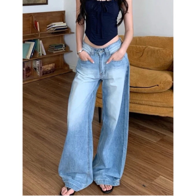 复古做旧水洗牛仔裤女小个子辣妹高腰宽松显瘦直筒裤阔腿拖地长裤