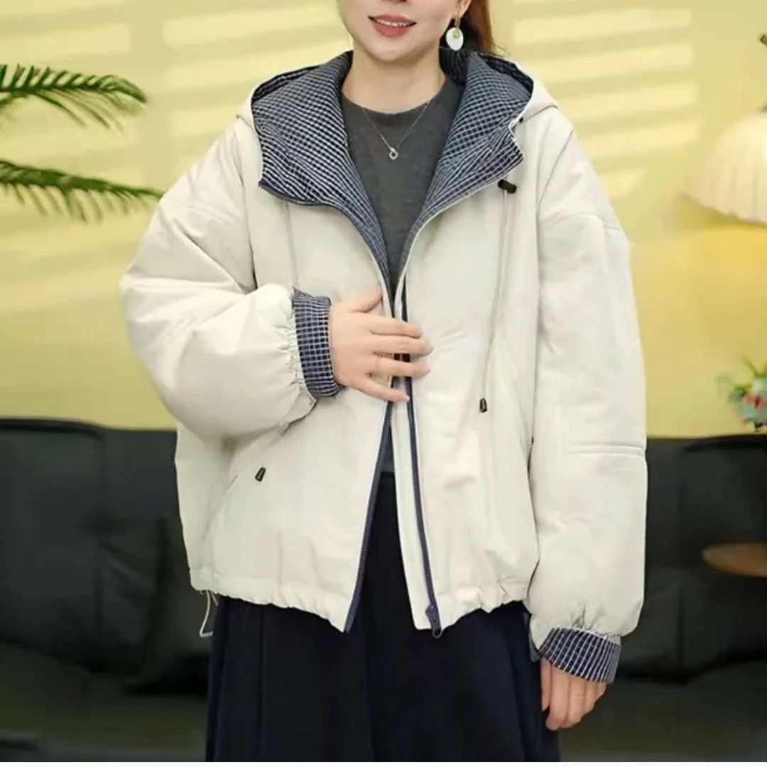 2025秋冬新款撞色格子棉服时尚休闲连帽女棉衣宽松保暖百搭外套女