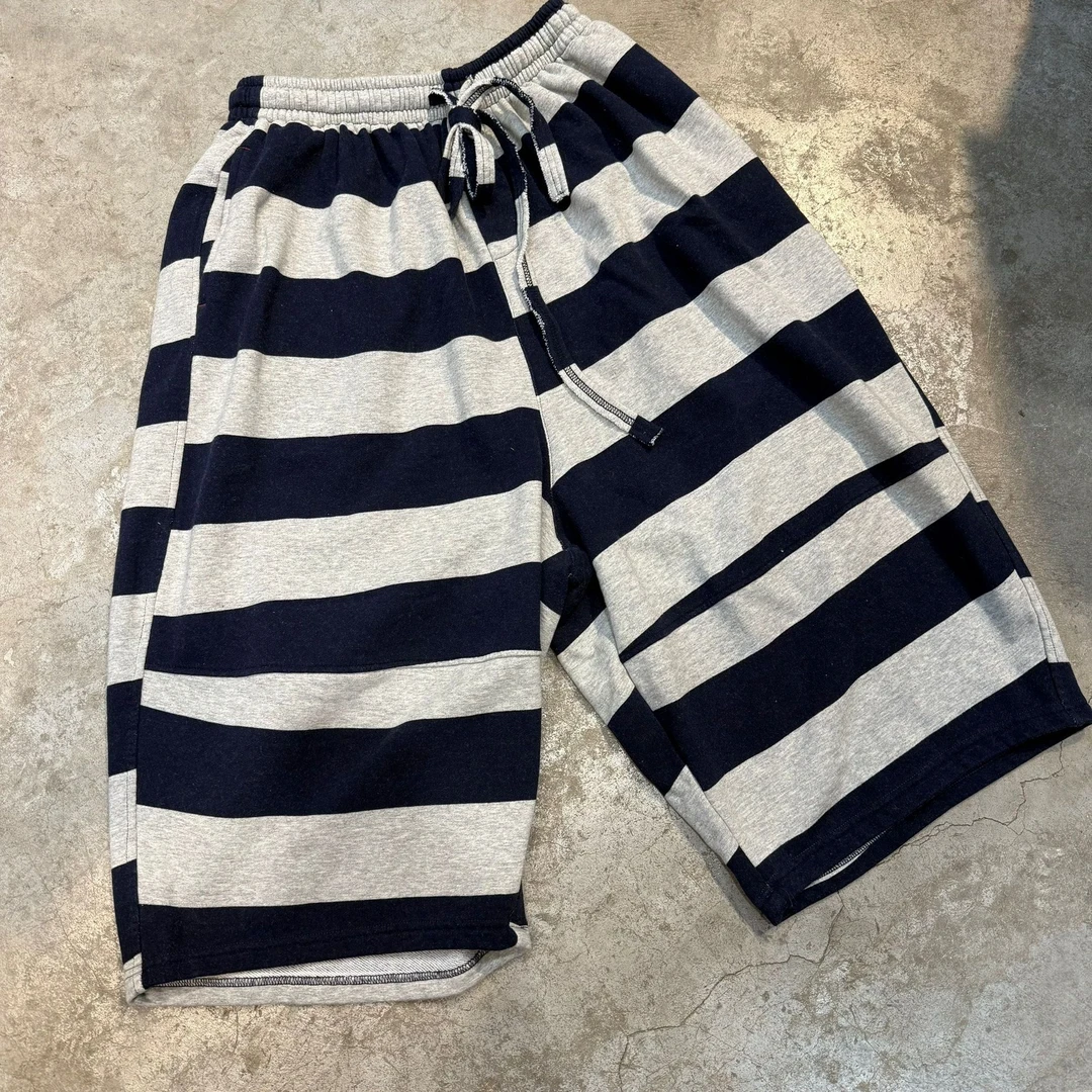 2510114忆古朴拙春夏纯棉针织条纹八分裤宽松百搭阔腿休闲直筒裤