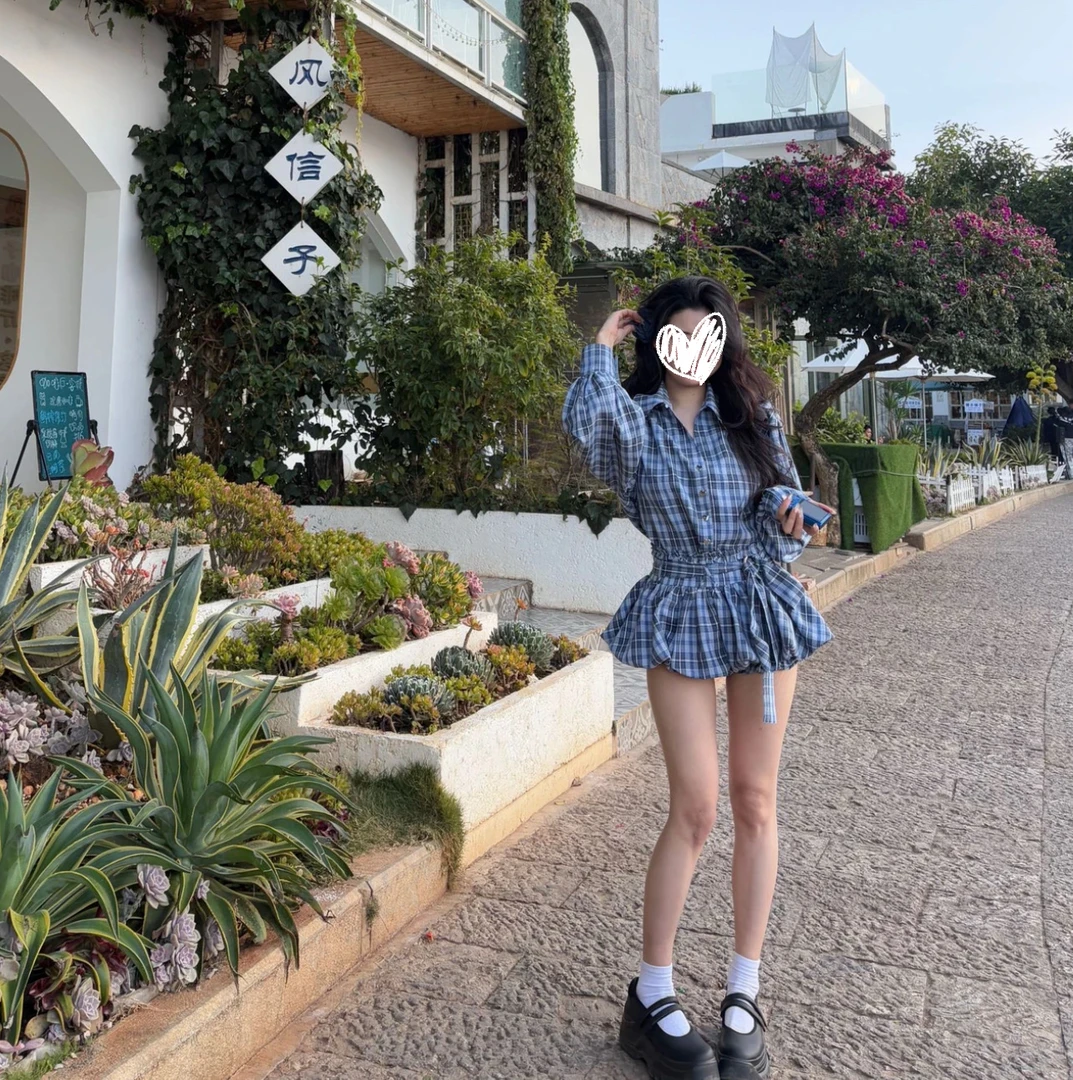 【甜心辣妹】蓝调纯欲复古格纹衬衫裙裤套装时尚显瘦气质修身女装