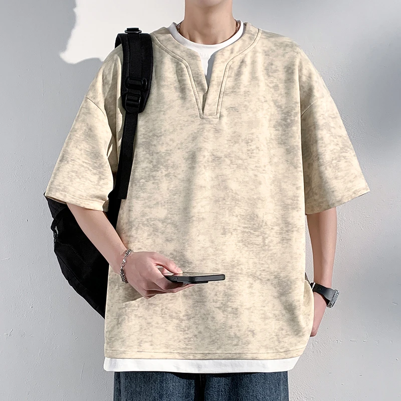 VIPOL美式扎染假两件短袖T恤男士夏季港风大码高街V领半袖上衣服