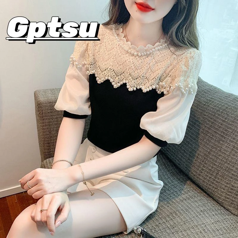 GPTSu甜美法式荷叶领重工钉珠蕾丝拼接泡泡袖衬衫女短袖上衣小衫