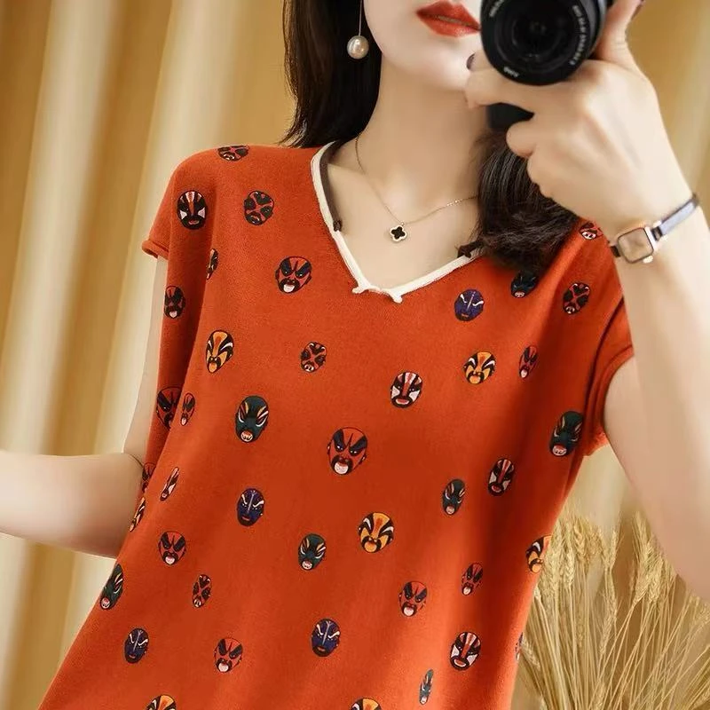 棉纱针织衫女短袖印花花脸双领小衫花脸