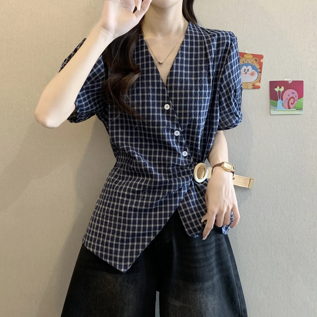 大码胖mm法式复古格纹短袖衬衫女夏季收腰绑带民族拼接V领上衣