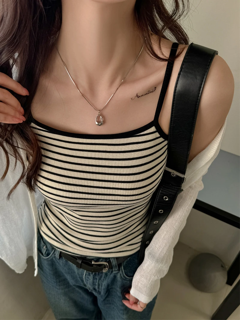 气质高级感条纹吊带背心女夏外穿2024新款修身显瘦百搭纯棉打底衫