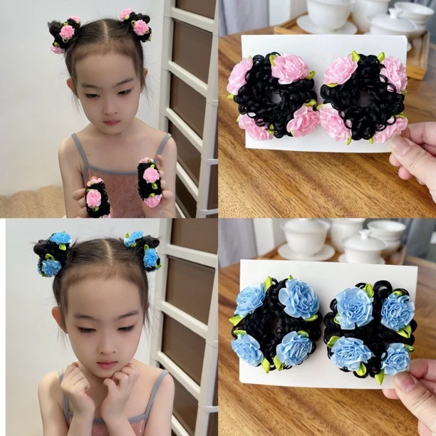 女童春夏哪吒花苞丸子头假发圈儿童康乃馨花朵发圈盘头发假发发饰
