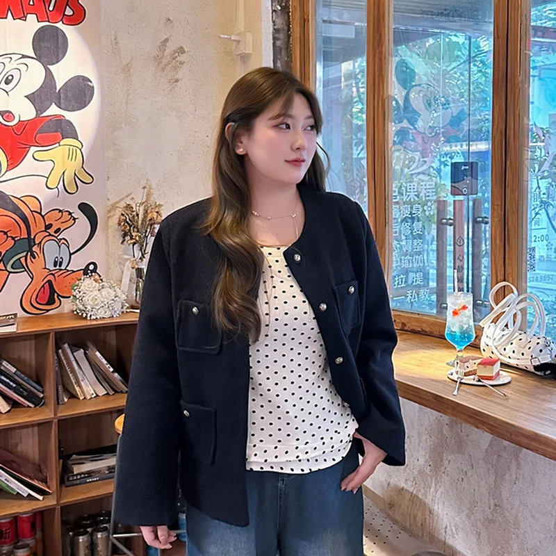 大码气质温柔高级感短款毛呢外套显瘦波点圆领长袖T恤套装5992