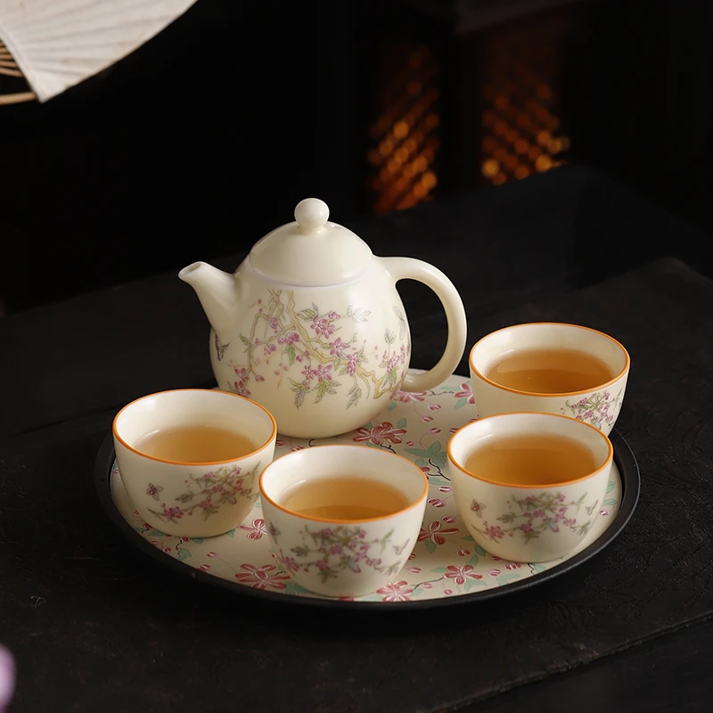 定窑紫藤花美人一壶四杯便携式茶具高档龙蛋壶旅行装带杯茶盘008