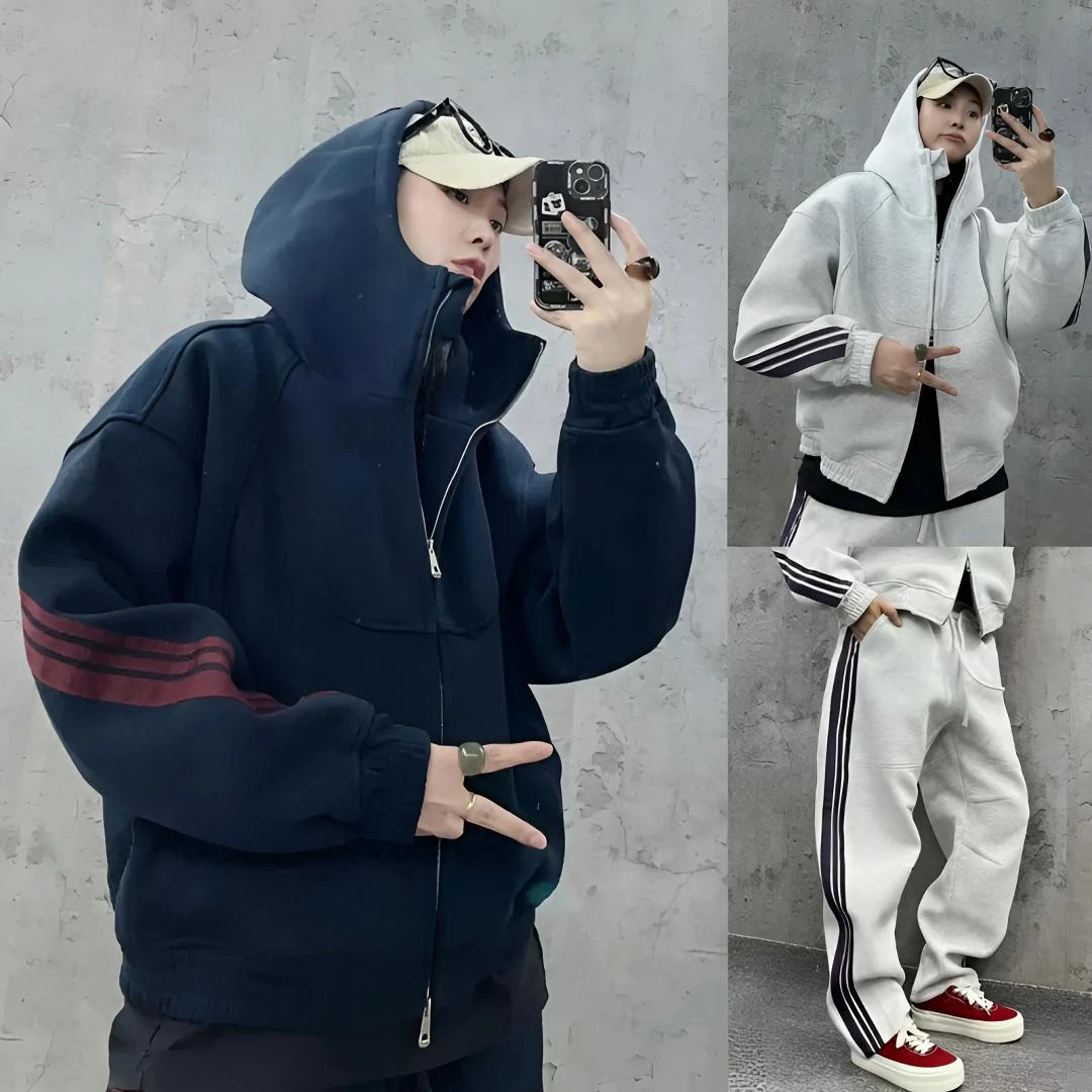 秋季新款小众时尚休闲套装男条纹连帽卫衣外套百搭直筒卫裤两件套