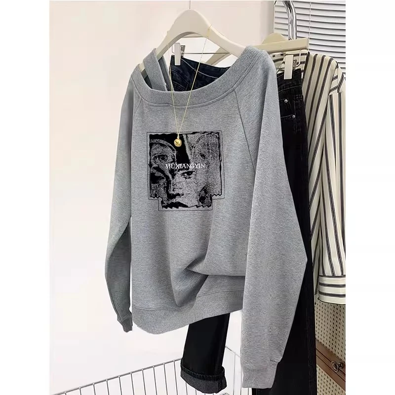 胖mm300斤卫衣女新款爆款美式复古斜肩辣妹上衣ins初秋薄款外套潮