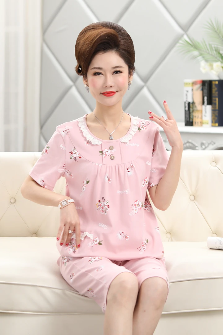 睡衣女夏季纯棉短袖七分裤中老年妈妈夏天薄款可外穿家居服两件套