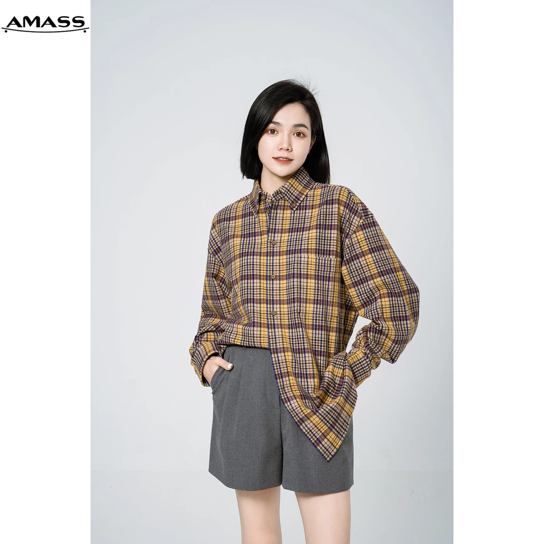 AMASS/阿玛施春季新款时尚休闲百搭宽松长袖学院格纹衬衫 5300911