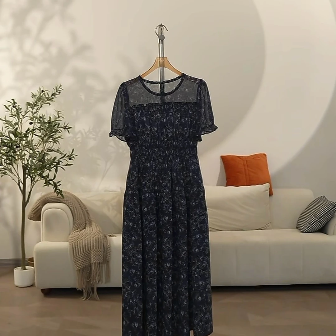 【曼姐定制】2025长裙夏季女装时尚套装极简风短袖显瘦复古碎花2537