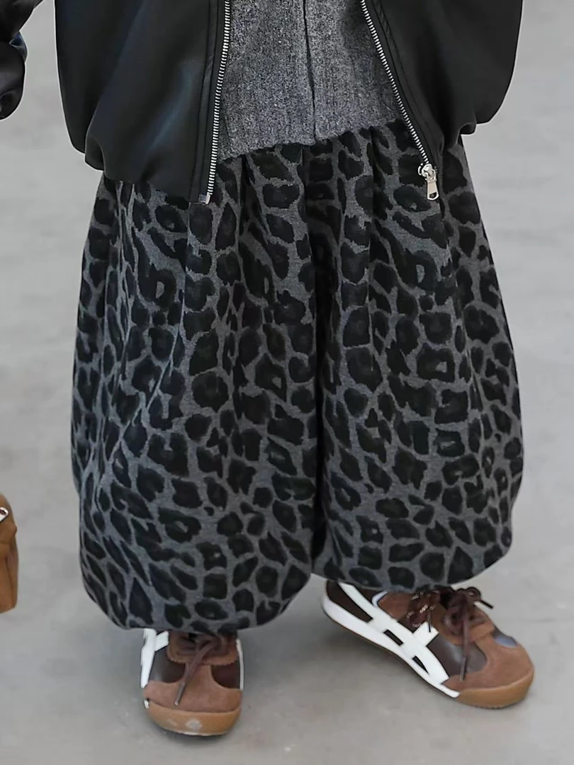 冬款加绒爆款豹纹裤百搭中性儿童休闲裤宽松男童宝宝