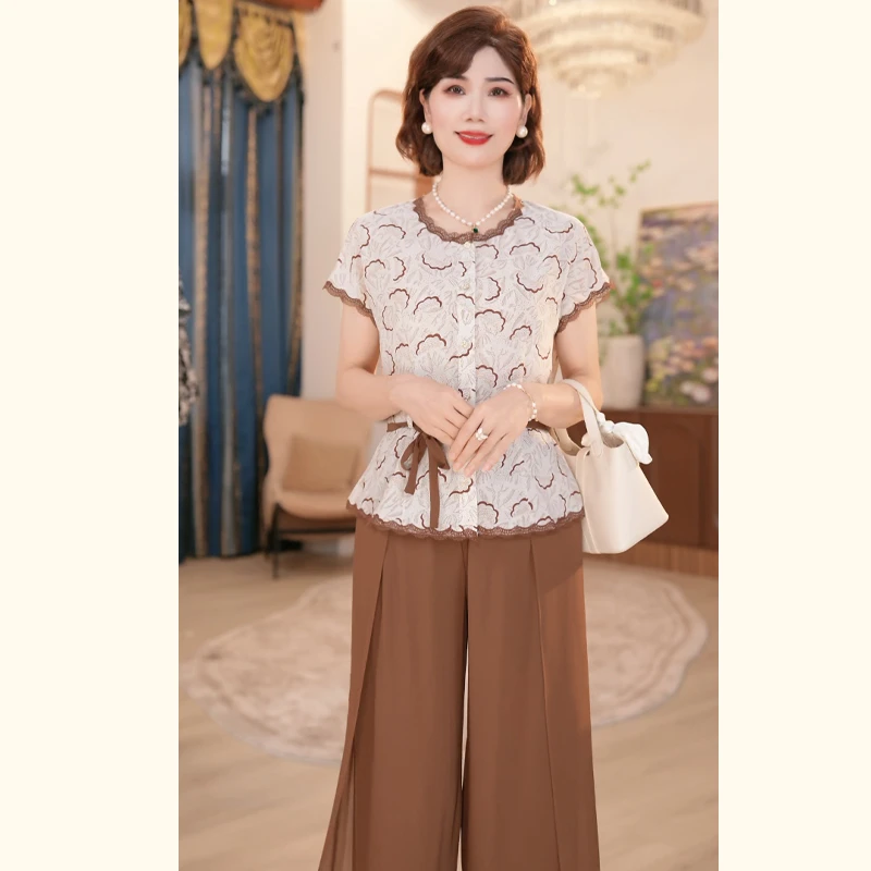 2025新款妈妈装夏季时尚气质中年女装宽松新中式小衫套装