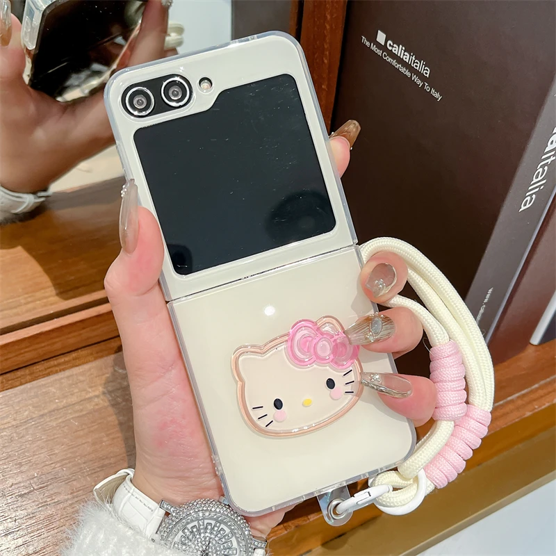 适用三星Galaxy ZFlip6纯色手机壳ZFlip7折叠屏KT猫手绳女保护套