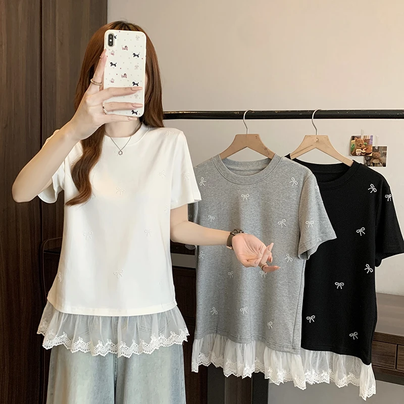2025夏装新款胖mm大码女别致蝴蝶结拼接蕾丝花边短袖T恤33693