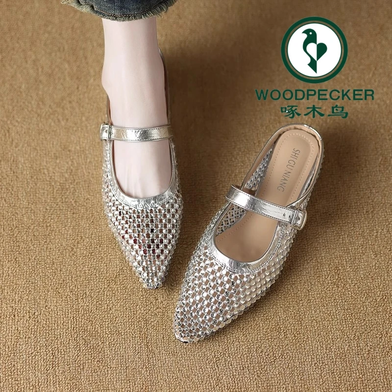 啄木鸟绝美镂空水钻法式温柔包头半拖鞋女外穿2025夏季时尚凉拖鞋