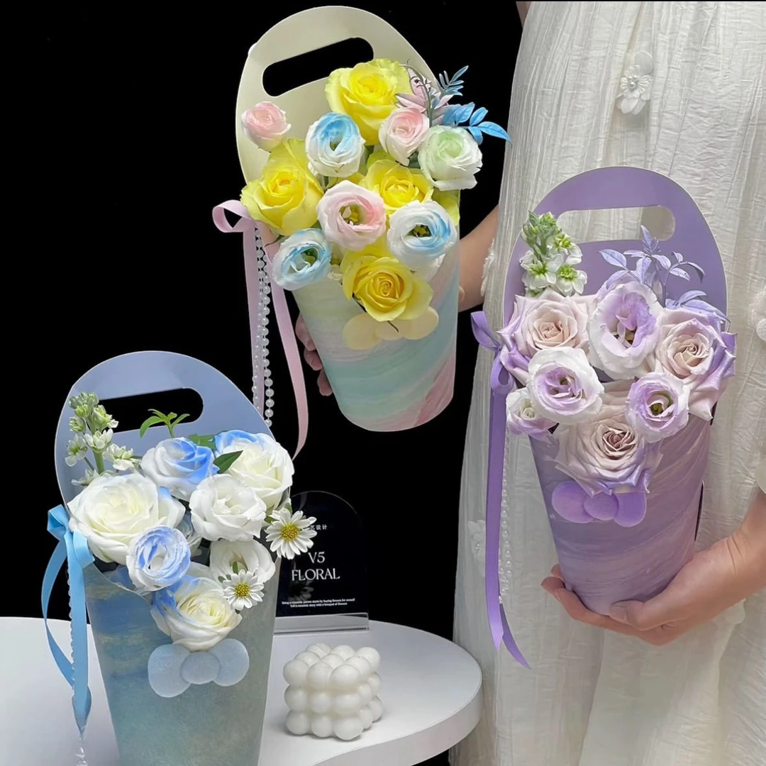 批发 教师节新款油画风圆形手提花盒花艺鲜花插花手工diy花店材料