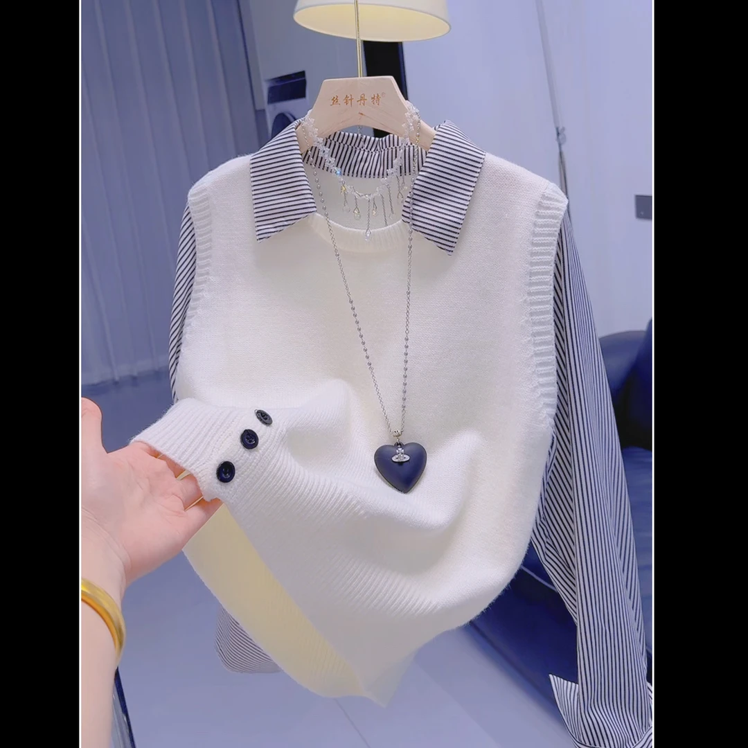 2假两件条纹长袖拼接针织衫女秋季2025年新款下摆纽扣收腰毛衣