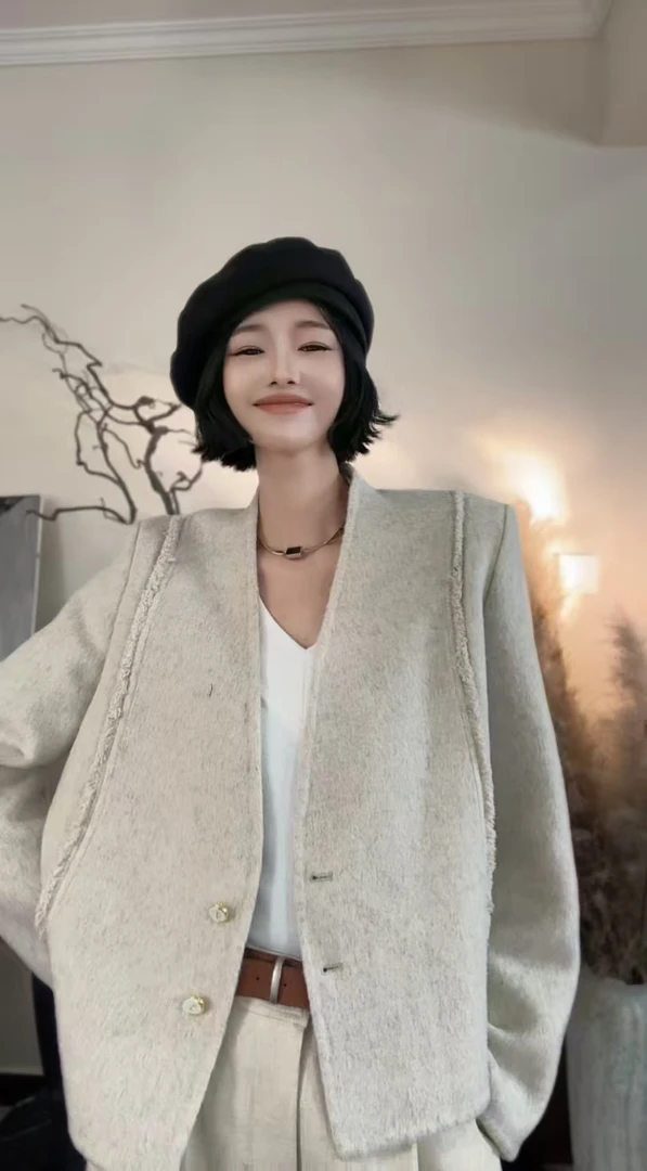 小香风宽松型女轻奢秋冬季流苏衬衫袖羊毛双面呢长毛外套短款开衫