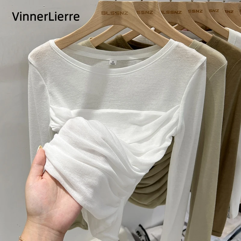 薇妮诺清纯上衣网纱拼接长袖常规收腰T恤春秋圆领欧美风气质唯美