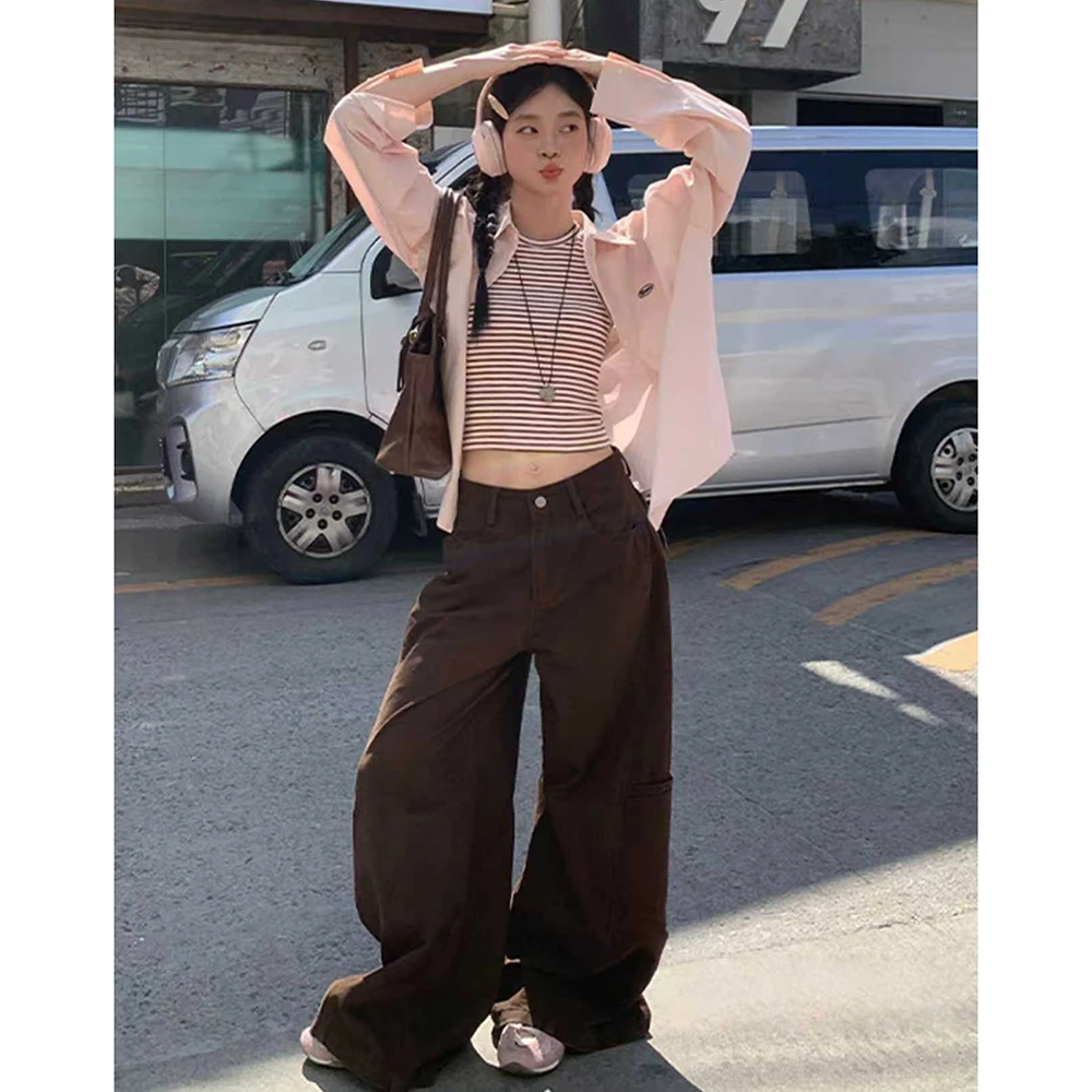 美式复古咖色工装牛仔裤女秋季新款高腰休闲直筒宽松阔腿拖地裤子