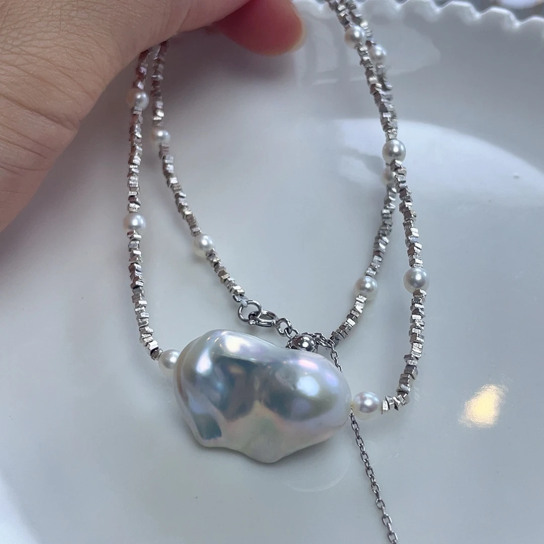 淡水珍珠银S925镶嵌颈饰暖*