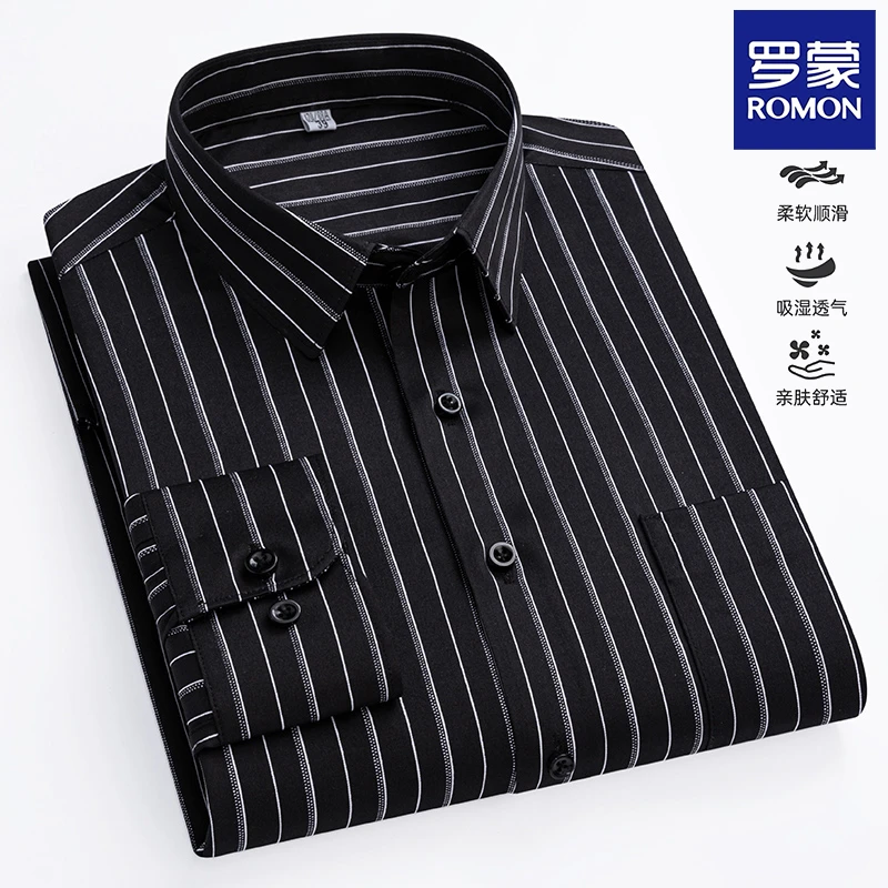 罗蒙男士高档长袖黑色白条纹衬衫商务休闲免烫抗皱中青年职业衬衣