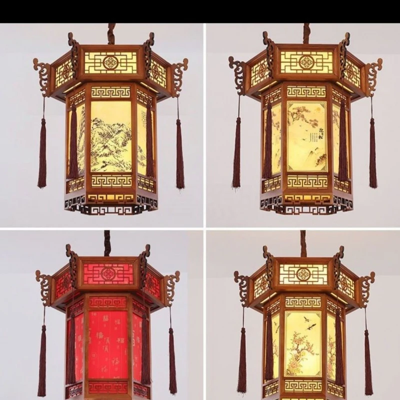 中式吊灯仿古寺庙走廊灯实木酒楼包间羊皮灯具中国风宫廷古典灯笼