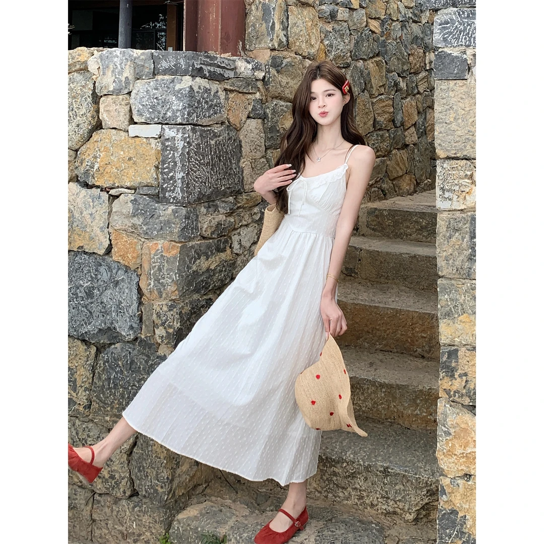 实拍 白月光初恋吊带裙连衣裙女夏季温柔风气质收腰A字长裙小白裙