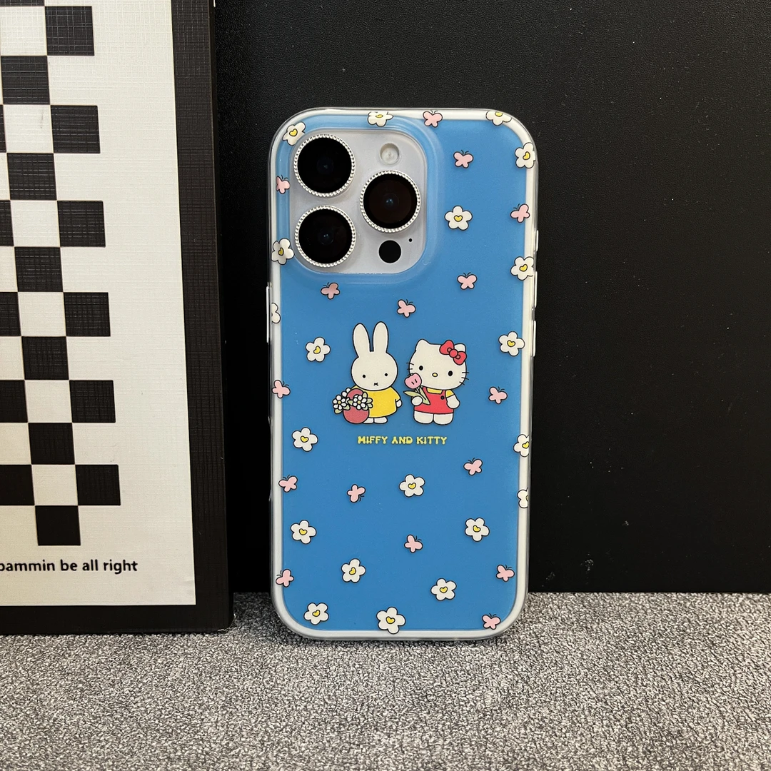 二合一磨砂蓝色小兔KT猫适用苹果16promax手机壳iphone15全包防摔