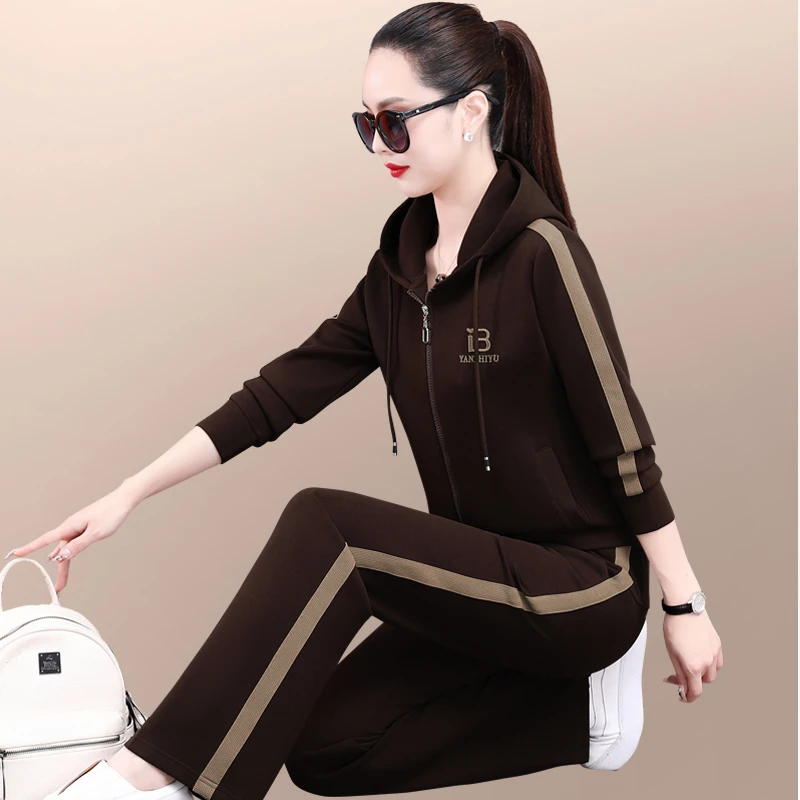 运动服套装女春秋2025新款时尚宽松洋气妈妈连帽休闲跑步服两件套