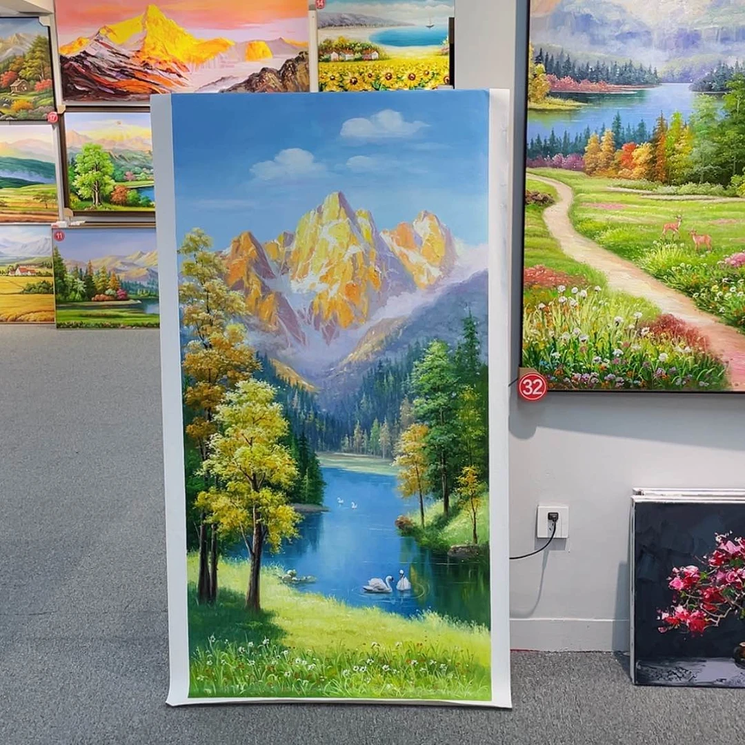 【闪购商品】油画新品玄关高山湖景手绘油画含框80×160