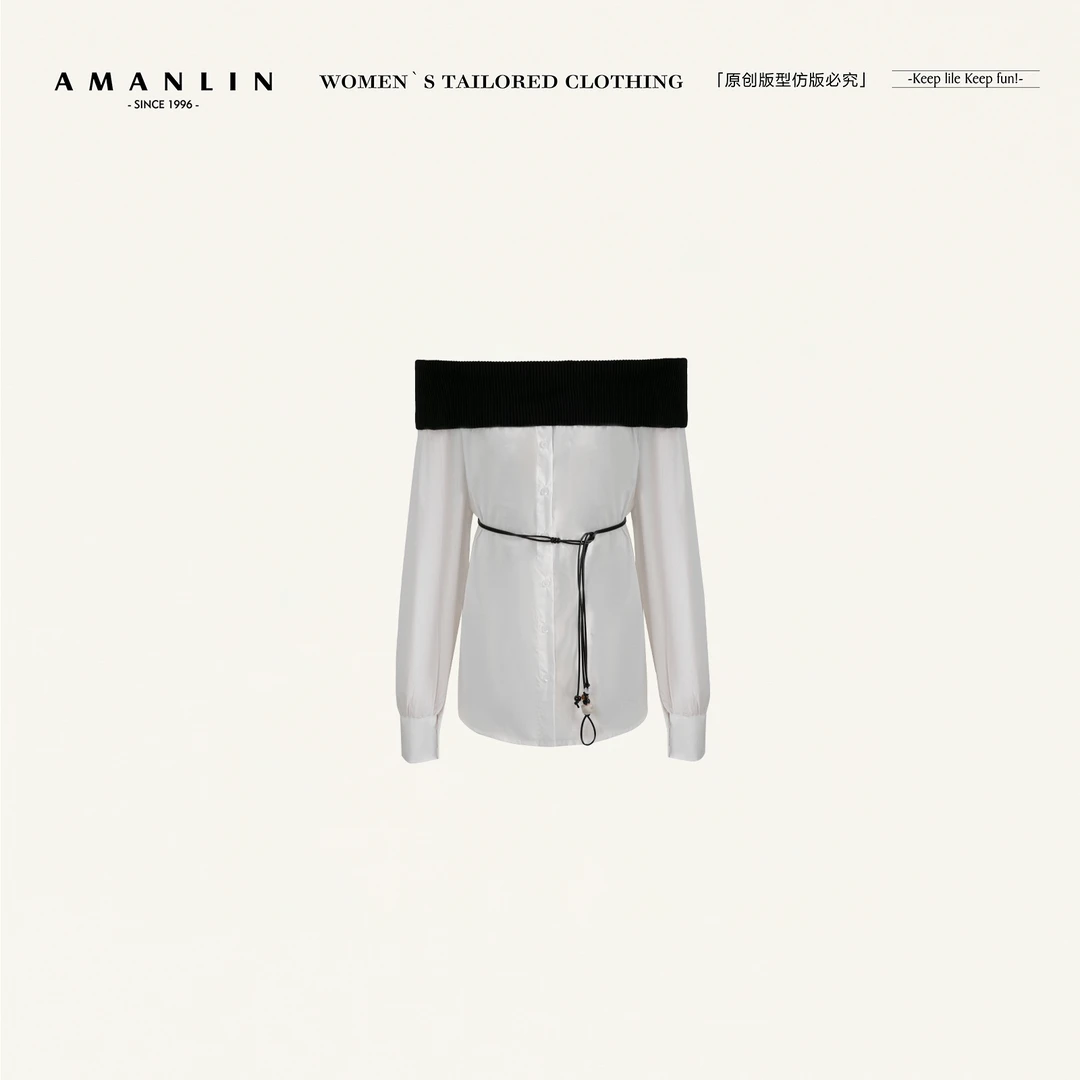 AMANLIN/阿谩琳琥珀流光一字肩白色性感衬衣韩版仙女上衣Y600960