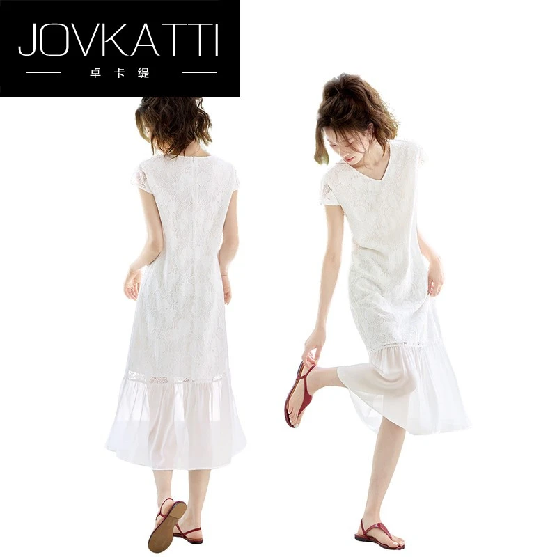 JOVKATTI温柔气质显瘦小白裙2025夏季法式V领高级感度假风连衣裙