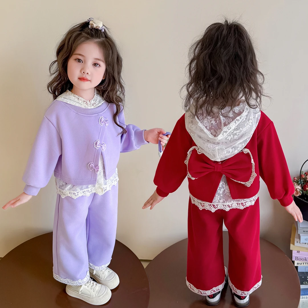 女童春秋季蕾丝连帽时髦卫衣套装2025新款洋气韩版儿童秋款两件套