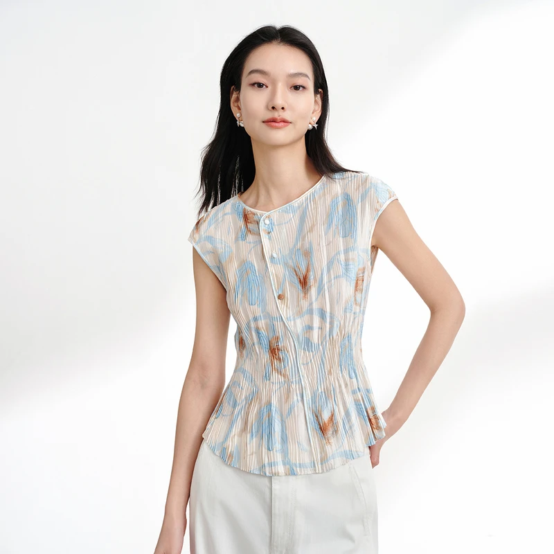 EP雅莹2025夏装新款 印花压褶H型罩袖修身收腰衬衫T恤小上衣5108A