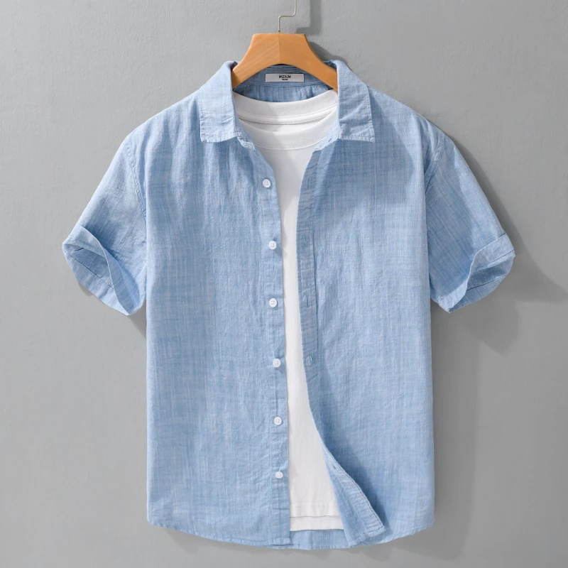 商务男士短袖衬衫夏季薄款棉麻衬衣简约百搭舒适透气宽松休闲上衣