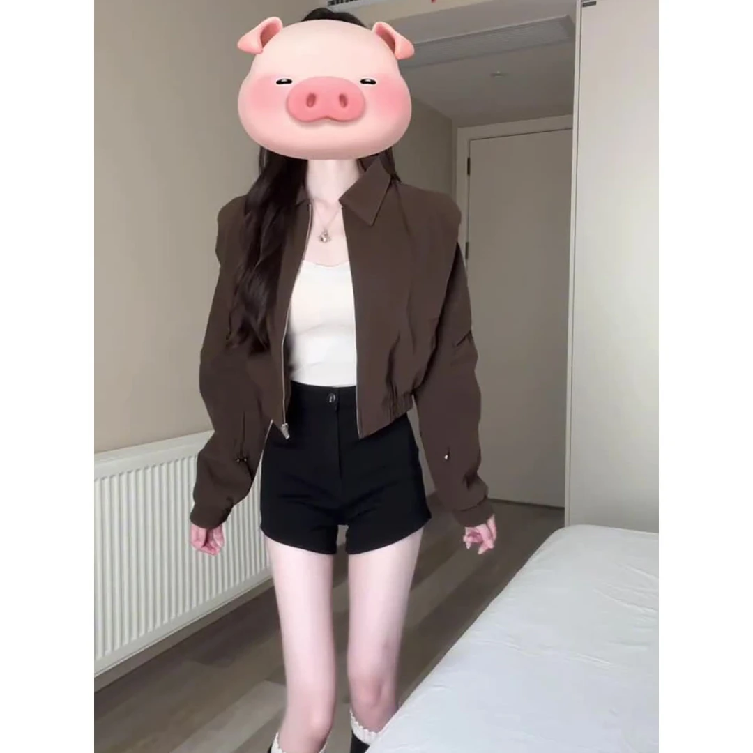 美式复古棕色短款垫肩皮夹克外套秋季新款高级感慵懒风棒球服上衣