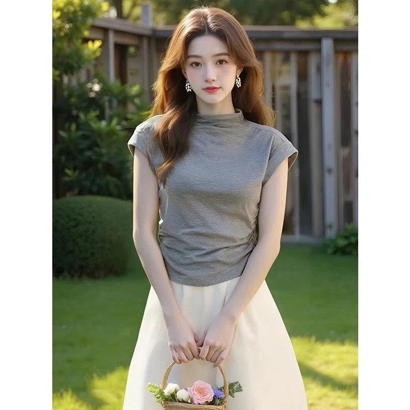 灰色半高领正肩短袖t恤女夏2025新款侧边褶皱设计感打底短款上衣