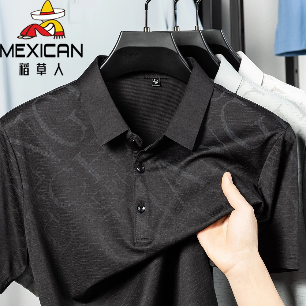 上衣休闲夏季薄款稻草人翻领字母polo透气T恤男士宽松中年时尚T恤