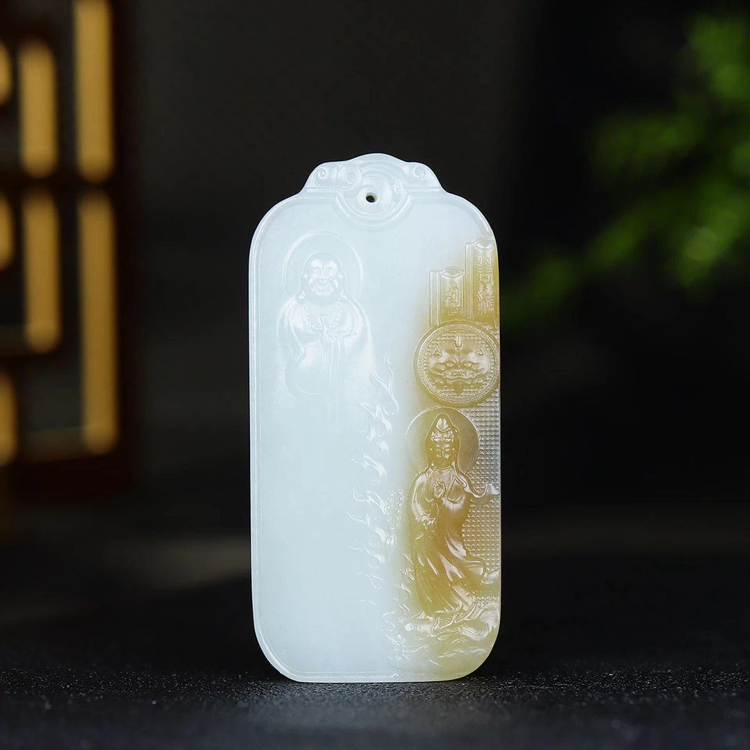 112930和田玉糖白玉佛光普照挂件