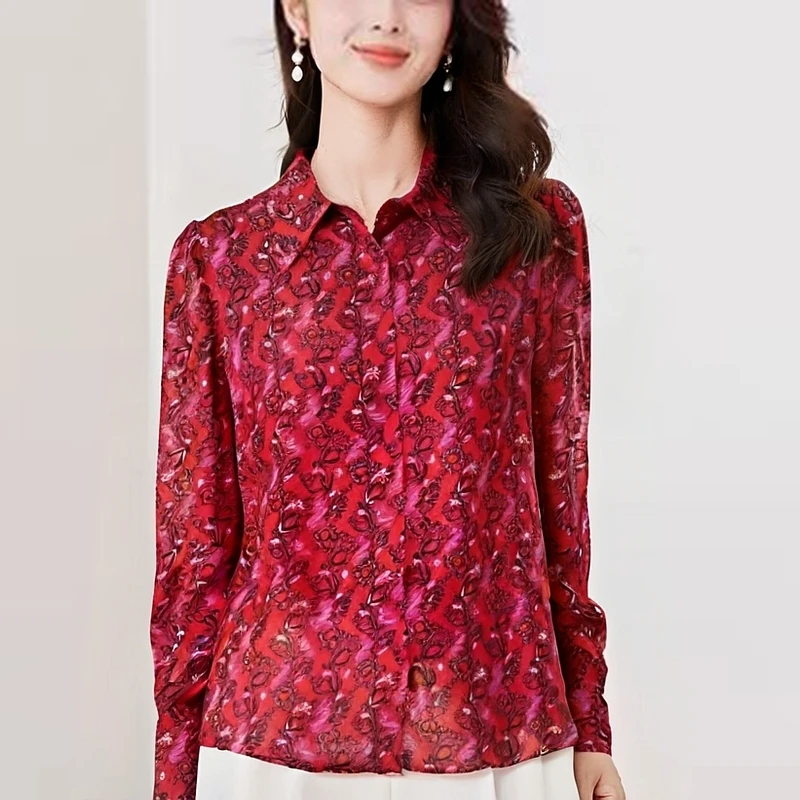 DP278【max】女装斜纹显瘦红色印花复古橘红衬衫翻领碎花