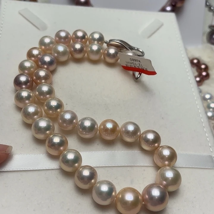 淡水珍珠颈饰银S925镶嵌12-15正圆浅金糖果