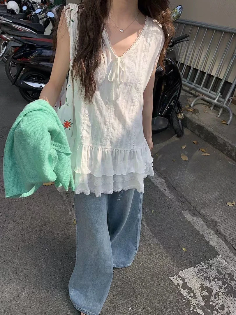 【悦己】新款韩系白色蕾丝背心